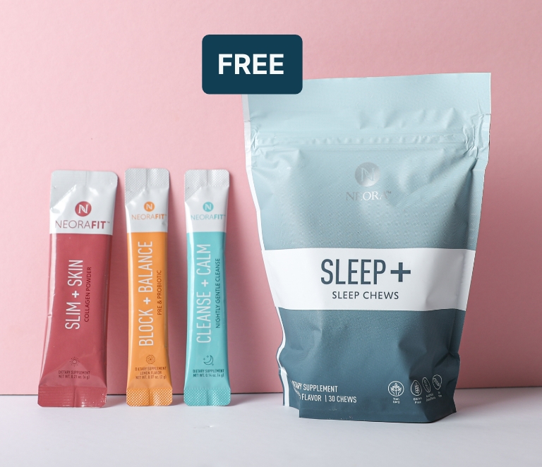 Image of NeoraFit sachets next to a bag of Sleep+ Wellness Chews  
